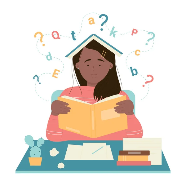 Cartoon Δυσλεξικό Κορίτσι Άγχος Για Μάθηση Προσώπου Ανάγνωση Στο Τραπέζι — Διανυσματικό Αρχείο