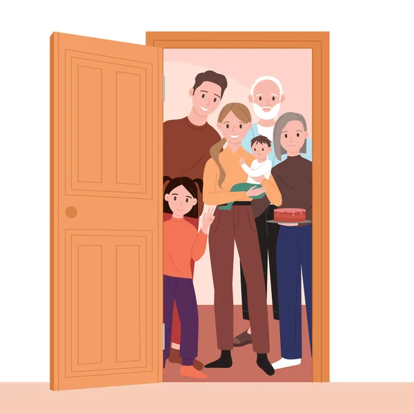 Famiglia Incontrare Ospite Porta Aperta Vettoriale Illustrazione Cartone Animato Marito — Vettoriale Stock