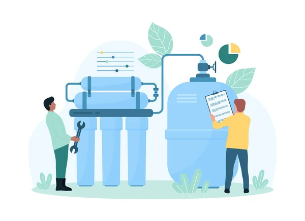 stock vector Water purification with reverse osmosis filtration vector illustration. Cartoon tiny people repair domestic water treatment system with RO membrane filter, tank and pipes, installation by engineers