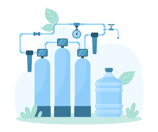 清洁水生产载体的净化系统说明 在水处理压力下的罐体和管道以及储存和运送塑料瓶的卡通自动化设施 — 图库矢量图片