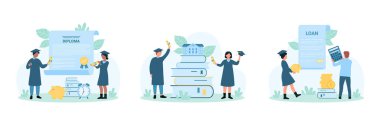 Mezuniyet vektör çizimi. Çizgi filmlerde küçük mezunlar eğitim ve eğitimin sonunu getirirler, kepler ve akademik elbiseler içindeki insanlar diplomayı kutlarlar, para tutarlar ve öğrencilere kredi vermek için hesap makinesi kullanırlar.
