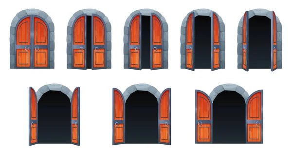 Porta Del Castello Aperta Animazione Set Vettoriale Illustrazione Cartone Animato — Vettoriale Stock