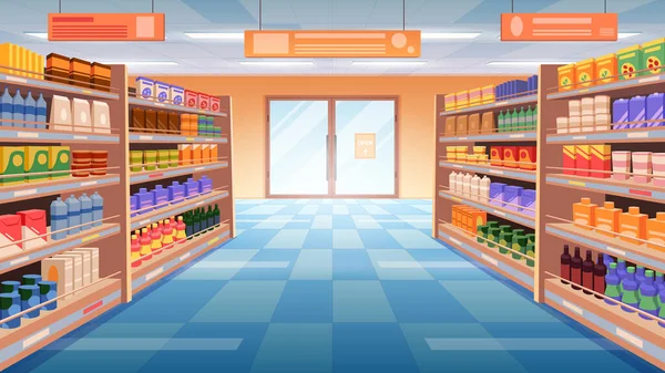 Perspectiva Vista Supermercado Tienda Comestibles Pasillo Vector Ilustración Interior Del — Vector de stock