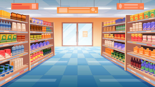 Perspective view of supermarket, grocery store aisle vector illustration. Cartoon mart interior with shelves and rack for variety of food product display and sales, full assortment of goods to buy