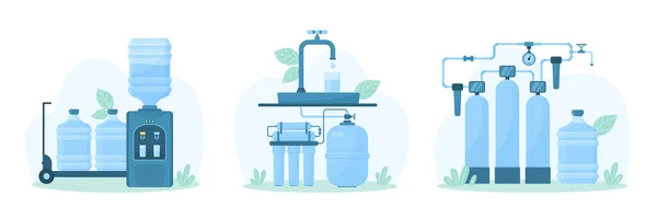 Ilustração Vetorial Conjunto Purificação Entrega Água Instalação Filtragem Desenhos Animados — Vetor de Stock