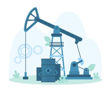 Oil industry equipment, pumpjack and barrels vector illustration. Cartoon drilling rig and pump in crude oil well, industrial machine for oilfield exploration for petroleum production and trade clipart