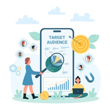 Target audience research vector illustration. Cartoon tiny people with magnifying glass consulting about customers outreach and focus group, digital targeting service in smartphone mobile app