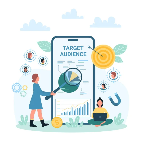 stock vector Target audience research vector illustration. Cartoon tiny people with magnifying glass consulting about customers outreach and focus group, digital targeting service in smartphone mobile app