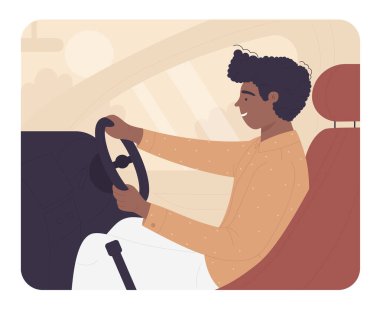 Arabasını süren genç bir adam. Kişisel araç vektör illüstrasyonlu erkek sürücü