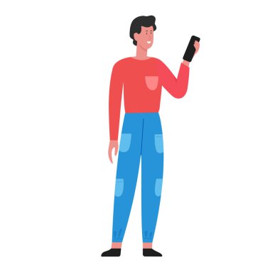 Sosyal medyayı kullanan genç bir çocuk. Akıllı telefon kullanıcısı, adam görüntülü arama vektör illüstrasyonu