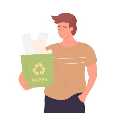 Elinde kağıt geri dönüşüm kutusu olan bir adam. Atık yönetimi kampanyası, doğa ekolojisi vektör illüstrasyonu
