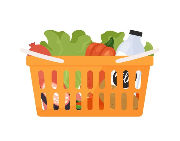 Supermarket basket with food. Grocery shopping, food supplies vector illustration