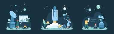 Uzay keşfi, evren keşfi vektör illüstrasyonunu ayarladı. Çizgi filmlerdeki küçük insanlar galaksinin yıldızlarını ve gezegenlerini teleskop ve mekiklerle keşfediyor. Uyduya bağlanıp hızlı mesajlar yolluyorlar.