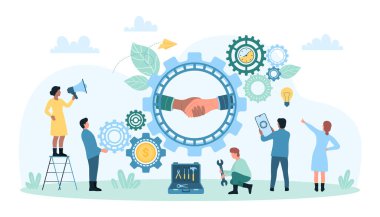 İş ortaklığı, takım çalışması toplantısı ve vektör illüstrasyonu. Çarkların içindeki ortakların çizgi film el sıkışması, küçük insanlardan oluşan bir ekip otomatik çalışma mekanizması ve mekanik aletlerle çalışır.