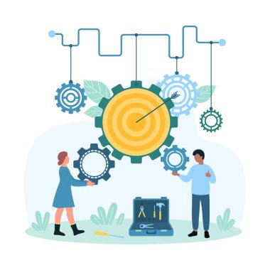 Etkili gelişme, yönetim ve iş süreci kontrol vektör illüstrasyonu. Çizgi filmlerde bakım ve onarım servisinden minik insanlar viteslerle ve pazarlama verimliliği izleme hedefiyle çalışırlar.