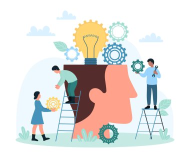 Verimli ve etkili eğitim, istihbarat vektör çizimi. Çizgi filmlerdeki küçük insanlar insan kafasına ampulle dişli ve dişli koyarlar, öğretme ve geliştirme becerileri, insan beyniyle çalışırlar.