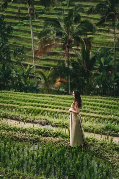 stock image Beautiful girl in green dress walking on rice terrace. Elegant lady visiting rice plantation