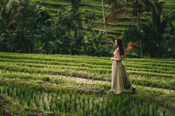 stock image Beautiful girl in green dress walking on rice terrace. Elegant lady visiting rice plantation