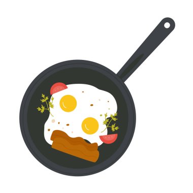Tavada yumurta ve pastırma. Sağlıklı kahvaltı, öğle yemeği vektör çizimi