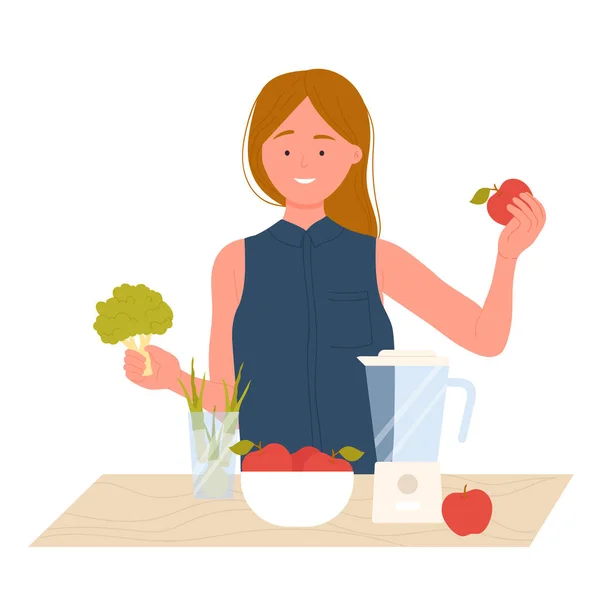 Girl Preparing Fresh Smoothie Vegetable Cocktail Healthy Food Drink Vector — Stock Vector