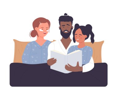 Mutlu, genç bir aile masal okuyor. Ebeveynlerle yatma zamanı, çocukluk anı vektör çizimi