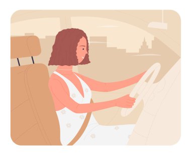 Arabasını süren genç bir kadın. Kişisel ulaşım otomatik vektör illüstrasyonu