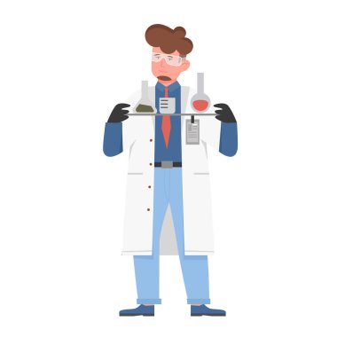 Bilim adamı araştırma analizi yapıyor. Laboratuvar vektör illüstrasyonunda bilim araştırmacısı
