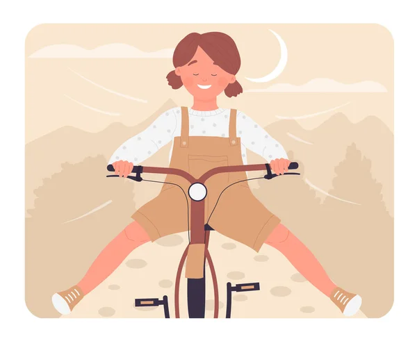 Aufgeregtes Mädchen Beim Fahrradfahren Beschleunigung Der Glücklichen Kindheit Outdoor Aktivitätsvektorillustration — Stockvektor