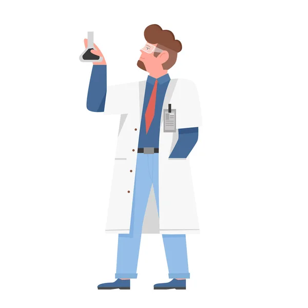 Scientist Man Holding Test Flask Laboratory Experiment Research Vector Illustration — Stock Vector