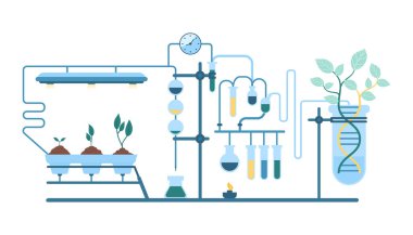 Laboratuvar vektör illüstrasyonunda biyoteknoloji araştırması. Karikatür deneysel laboratuvar ekipmanları, bitki yetiştirmek için test tüpleri ağı, DNA ile genetik deney, tarımda biyoteknoloji.