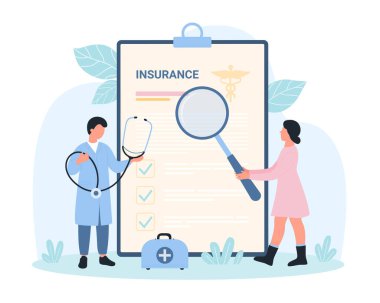 Tıbbi sigorta belgesi vektör illüstrasyonu. Steteskop ve büyüteçle çizgi film yapan küçük insanlar kağıt sigorta formlarının panoya konması, sağlık sigortası ve hastanın hayatını güvence altına almaları,