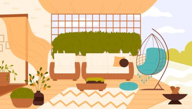 Yeşil bitkilerle ve mobilya vektör resimleriyle modern çatı terası. Çizgi film verandası ya da balkon iç tasarımı eko tarzı, ahşap dekorasyon, rahat kanepe ve çatıda sandalyeler.