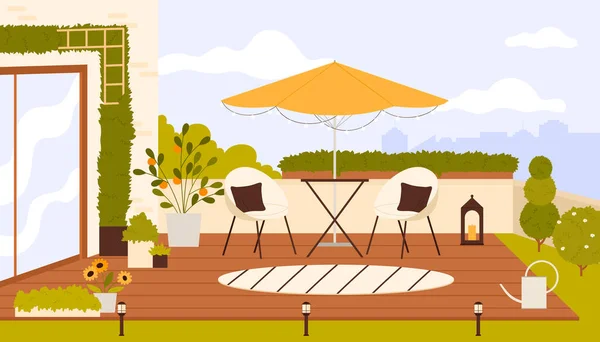 居心地の良い家具と緑の植物ベクターイラスト付きのルーフトップテラス 漫画の木製バルコニーテーブルと傘 枕付きの家具と居心地の良い椅子 夏の衛生的な屋外ラウンジとパティオ — ストックベクタ
