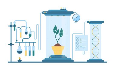 Biyoteknoloji laboratuvarı araştırma vektör çizimi. Bilim deneyi için karikatür laboratuvar ekipman sistemi, fütüristik bitki yetiştirme ve çömlek ve test tüplerinde yeşil lahanaların üretimi