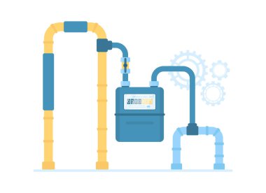 Gaz ölçer boru vektör illüstrasyonunda. Evdeki gaz tüketimini ölçmek için yerli ekipman, valf ve boru hatlarıyla çizgi film bilgi devresi şeması, ev halkı için göstergeli cihaz