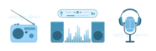 Audio Equipment Set Vector Illustration Cartoon Isolated Microphone Headphones Speakers — Stock Vector