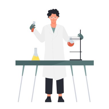 Deney laboratuarındaki bilim adamı. Araştırma laboratuvarı, çalışan bilim adamı vektör çizimi