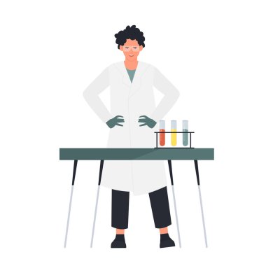 Laboratuvarda çalışan bir bilim adamı. Bilim araştırmacısı, laboratuvar deney vektör çizimi