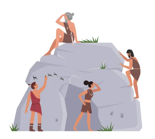 Stone Age People Primitive People Big Rock Ancient Lifestyle Vector — Stock Vector