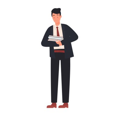 Öğretmen adam bir yığın kitap taşıyor. Bilgi paylaşımı ve edebiyat vektörü illüstrasyonu