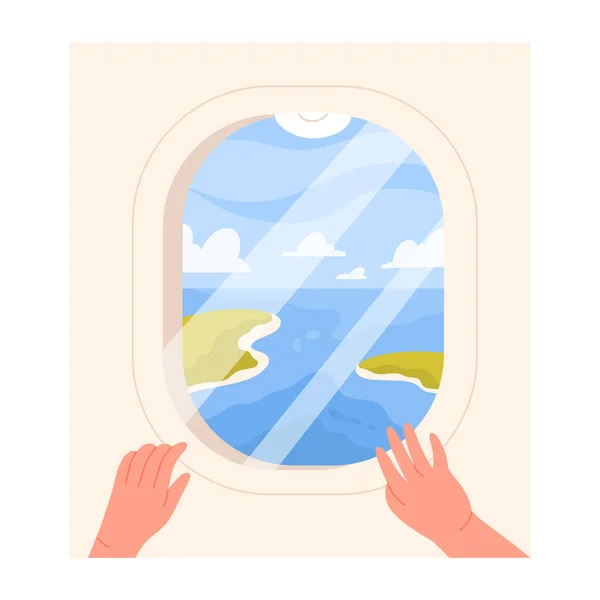 stock vector Open airplane window with sea view. Passenger sitting near window, travelling people cartoon vector illustration