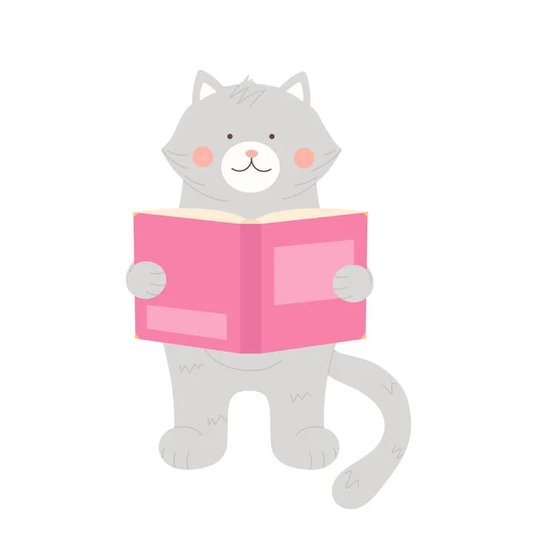 かわいい灰色の猫がストーリーブックを読んでいます 家畜の知識を得る 動物図書館の本漫画ベクターのイラスト — ストックベクタ