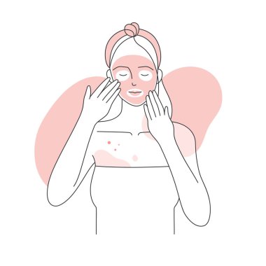 Tedavi kâğıdı maskeli kız. Sivilce güzellik maskesi, cilt bakımı prosedür çizgisi illüstrasyonu