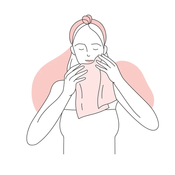 Een Jong Meisje Veegt Haar Gezicht Met Een Handdoek Schoonheidsverzorging — Stockvector