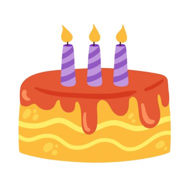 Mumlu doğum günü pastası. Pastanenin tatlı ürünü, lezzetli tatlı çizgi film çizimi.