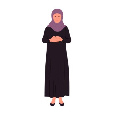 Utangaç Müslüman iş kadını. Siyah cüppeli, gülümseyen Arap kadın vektör çizimi.