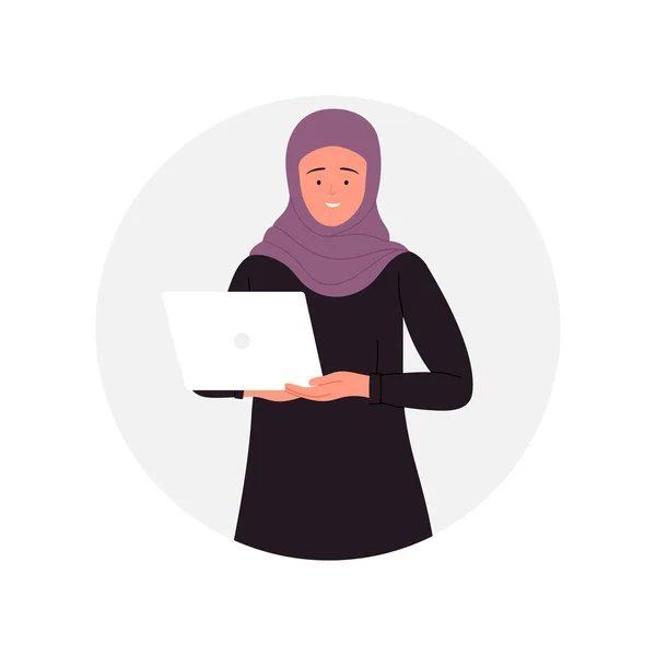 Muslimische Geschäftsfrau Mit Laptop Arabische Büroleiterin Mit Hijab Karikatur — Stockvektor