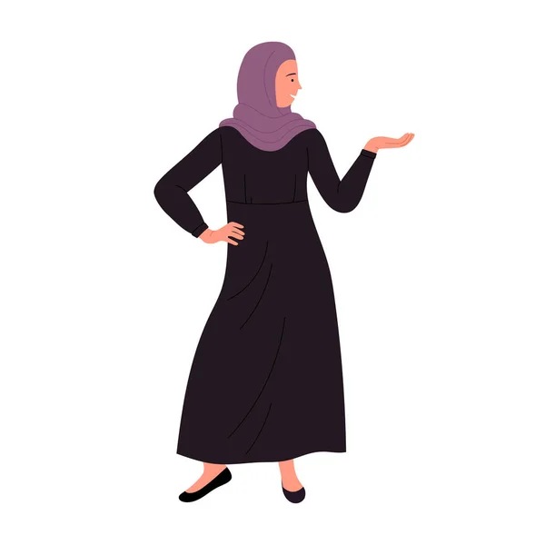 Muslimische Geschäftsfrau Bei Einer Präsentation Arabische Managerin Zeigt Geste Cartoon — Stockvektor