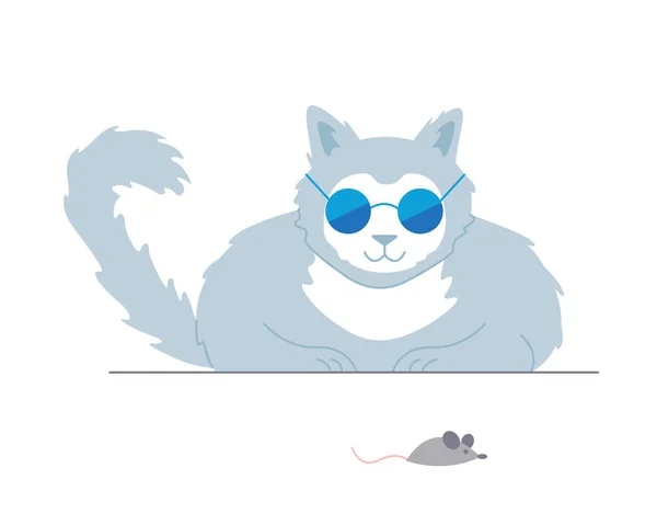マウスを捕まえるサングラスとクールな猫 国内馴染みのペット 毛皮の子猫の漫画のベクトル イラスト — ストックベクタ