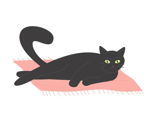 黒猫がマットに横たわっている ラジー国内の子猫 床の漫画のベクターのイラストに伸びる猫 — ストックベクタ